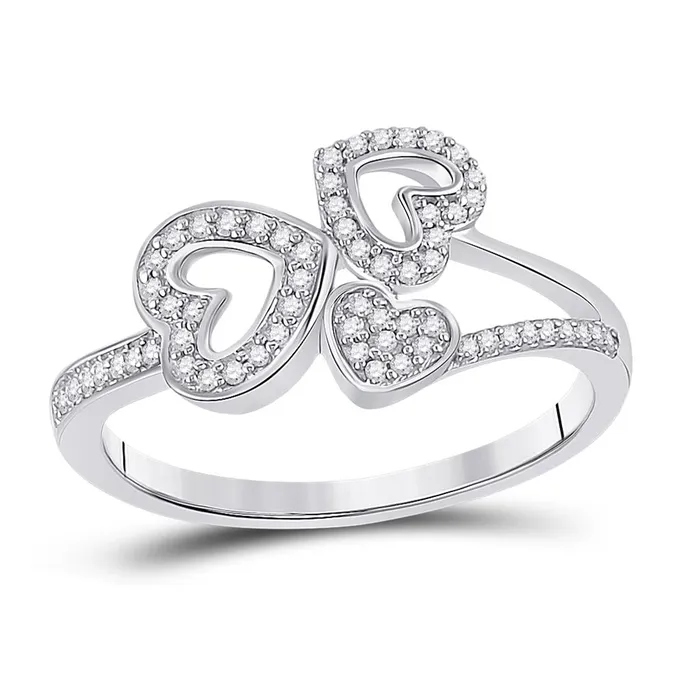 14k White Gold Round Diamond Triple Heart Ring 16 Cttw gndatlanta Rings
