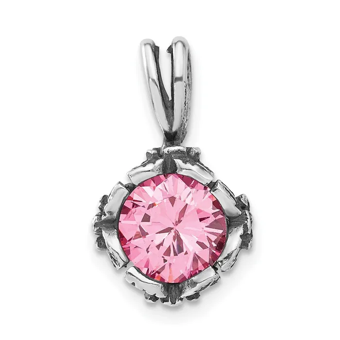 TreasureFineJewelers Necklaces Sterling Silver Antiqued Pink CZ Pendant