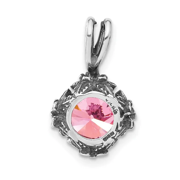 TreasureFineJewelers Necklaces Sterling Silver Antiqued Pink CZ Pendant