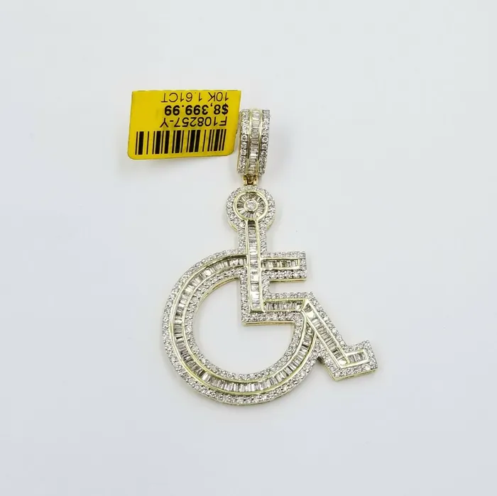 Globalwatches10 Charm Necklaces 10K Yellow Gold Genuine Diamonds Handicap Disability CharmPendant 2 inch Real