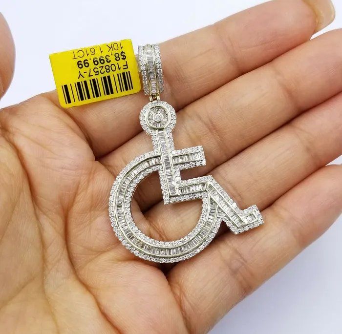 Globalwatches10 Charm Necklaces 10K Yellow Gold Genuine Diamonds Handicap Disability CharmPendant 2 inch Real