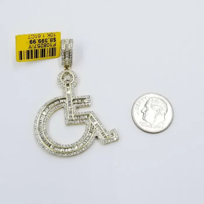 Globalwatches10 Charm Necklaces 10K Yellow Gold Genuine Diamonds Handicap Disability CharmPendant 2 inch Real