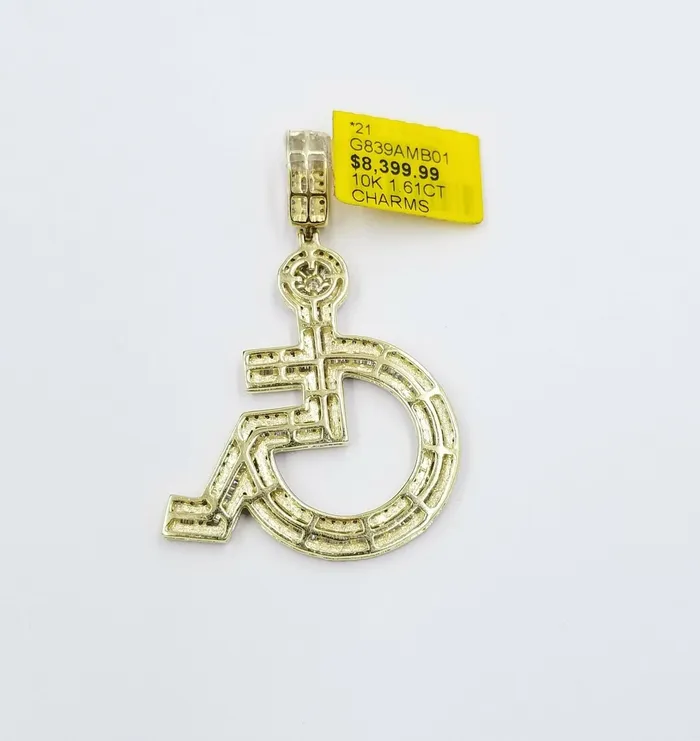 Globalwatches10 Charm Necklaces 10K Yellow Gold Genuine Diamonds Handicap Disability CharmPendant 2 inch Real