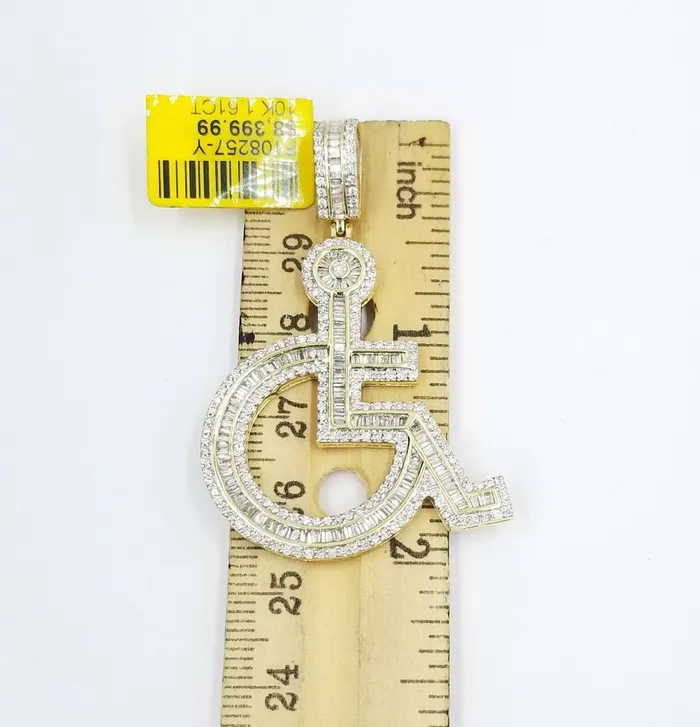 Globalwatches10 Charm Necklaces 10K Yellow Gold Genuine Diamonds Handicap Disability CharmPendant 2 inch Real