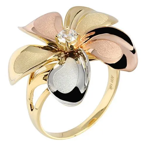 14K TriColor Gold Plumeria Ring with CZ Sandblast Polish Edge 23mm Nakoa Rings 14K TriColor Gold Plumeria Ring with CZ Sandblast Polish Edge 23mm Nakoa Rings