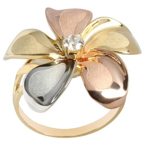 14K TriColor Gold Plumeria Ring with CZ Sandblast Polish Edge 23mm Nakoa Rings