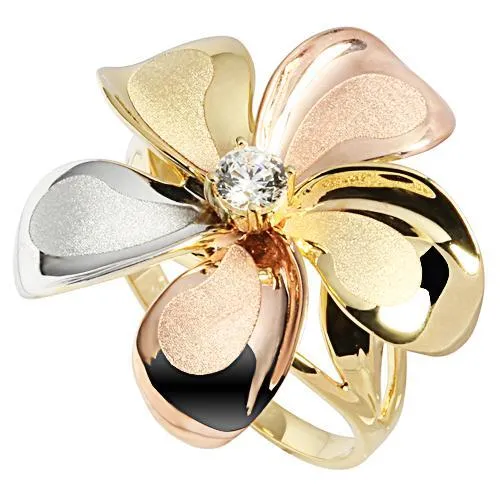 14K TriColor Gold Plumeria Ring with CZ Sandblast Polish Edge 23mm Nakoa Rings