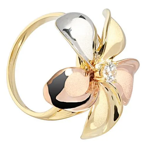14K TriColor Gold Plumeria Ring with CZ Sandblast Polish Edge 23mm Nakoa Rings