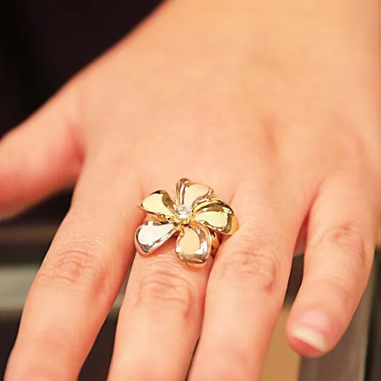 14K TriColor Gold Plumeria Ring with CZ Sandblast Polish Edge 23mm Nakoa Rings