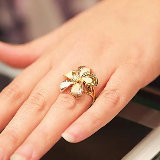 14K TriColor Gold Plumeria Ring with CZ Sandblast Polish Edge 23mm Nakoa Rings