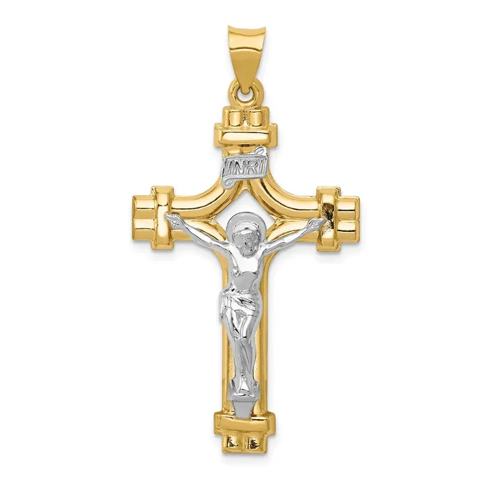 14k Twotone 24 mm Polished INRI Crucifix Pendant 187 grams Qgold Rings
