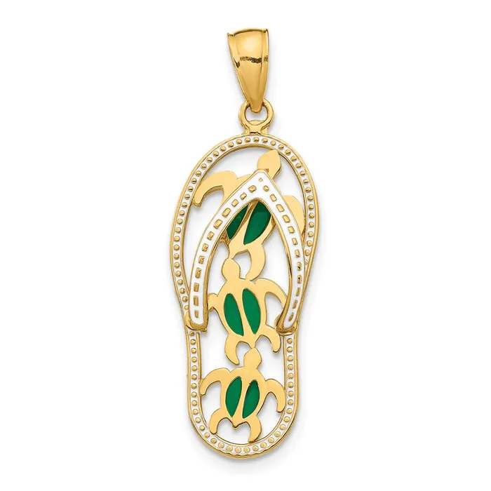 14k Yellow Gold 11 mm Enamel Cutout Flip Flop w Sea Turtles Pendant 2 grams Qgold Necklaces