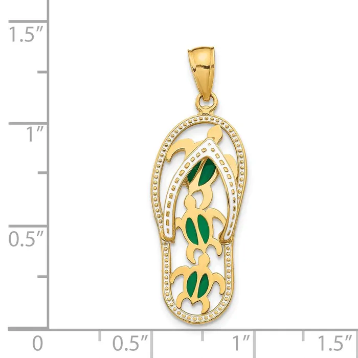 14k Yellow Gold 11 mm Enamel Cutout Flip Flop w Sea Turtles Pendant 2 grams Qgold Necklaces