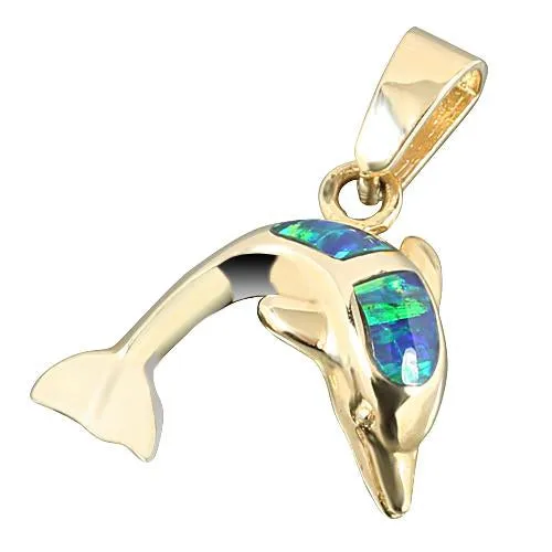 14K Yellow Gold Opal Inlaid Dolphin Pendant Chain Sold Separately Nakoa Necklaces