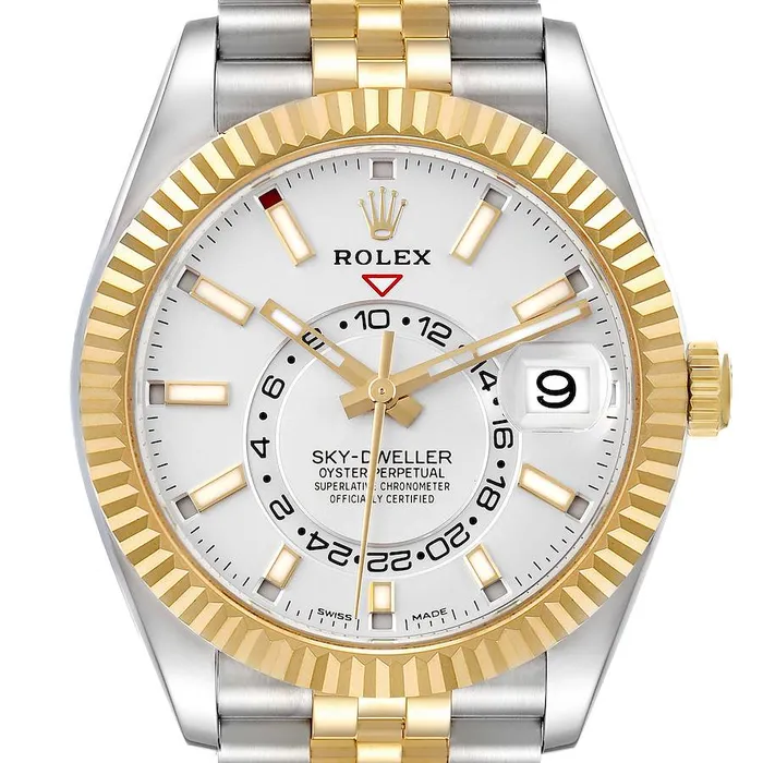 2020 Mens Rolex 42mm Sky Dweller Two Tone 18K Yellow Gold Stainless Steel Watch with White Dial PreOwned 326933 Rolex Rings