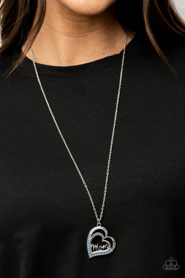 A Mothers Heart Blue Rhinestone Mom Heart Silver Necklace Paparazzi Paparazzi Accessories Necklaces