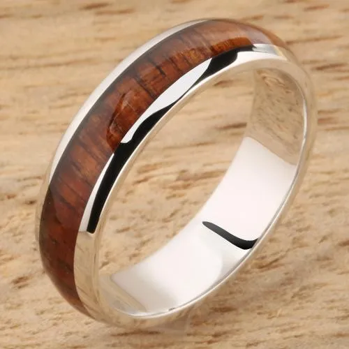 Akela Rings 14K White Gold Natural Koa Wood Oval Wedding Ring 5mm
