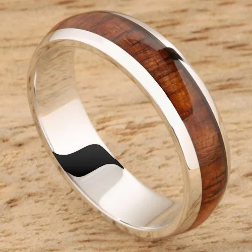 Akela Rings 14K White Gold Natural Koa Wood Oval Wedding Ring 5mm