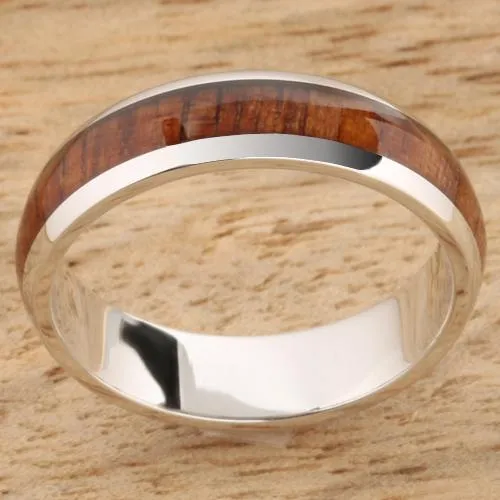 Akela Rings 14K White Gold Natural Koa Wood Oval Wedding Ring 5mm