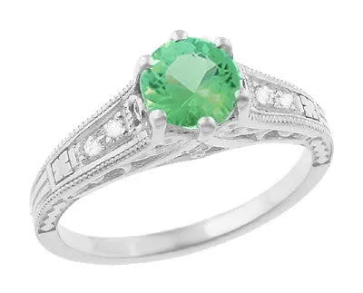 Antique Deco Style Filigree Spearmint Green Tourmaline and Diamond Engagement Ring in 14 Karat White Gold Antique Jewelry Mall Rings Antique Deco Style Filigree Spearmint Green Tourmaline and Diamond Engagement Ring in 14 Karat White Gold Antique Jewelry Mall Rings