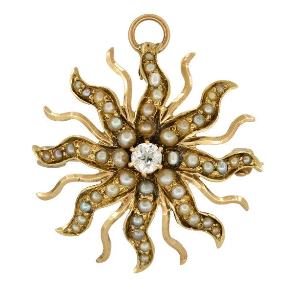 Antique Jewelry Mall Necklaces Antique Victorian Diamond and Seed Pearl Sunburst Pendant Brooch in 14 Karat Gold Antique Jewelry Mall Necklaces Antique Victorian Diamond and Seed Pearl Sunburst Pendant Brooch in 14 Karat Gold