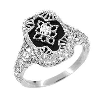 Antique Jewelry Mall Rings Art Deco 14 Karat White Gold Filigree Onyx and Diamond Ring Antique Jewelry Mall Rings Art Deco 14 Karat White Gold Filigree Onyx and Diamond Ring