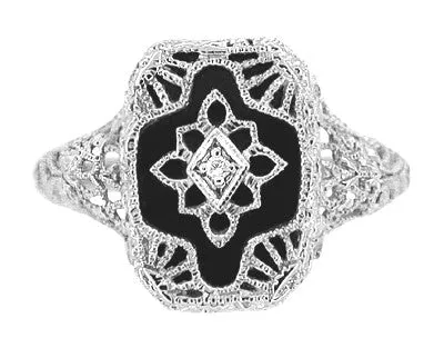 Antique Jewelry Mall Rings Art Deco 14 Karat White Gold Filigree Onyx and Diamond Ring