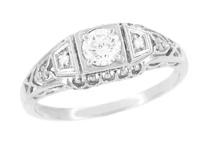 Antique Jewelry Mall Rings Art Deco Filigree Diamond Engagement Ring in 14 Karat White Gold