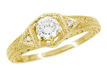 Antique Jewelry Mall Rings Art Deco Filigree Wheat and Scrolls Diamond Engraved Engagement Ring in 18 Karat Yellow Gold 1920s Design Antique Jewelry Mall Rings Art Deco Filigree Wheat and Scrolls Diamond Engraved Engagement Ring in 18 Karat Yellow Gold 1920s Design