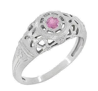 Antique Jewelry Mall Rings Art Deco Floral Low Dome Filigree Pink Sapphire Ring in 14 Karat White Gold Antique Jewelry Mall Rings Art Deco Floral Low Dome Filigree Pink Sapphire Ring in 14 Karat White Gold