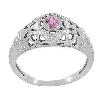 Antique Jewelry Mall Rings Art Deco Floral Low Dome Filigree Pink Sapphire Ring in 14 Karat White Gold Antique Jewelry Mall Rings Art Deco Floral Low Dome Filigree Pink Sapphire Ring in 14 Karat White Gold