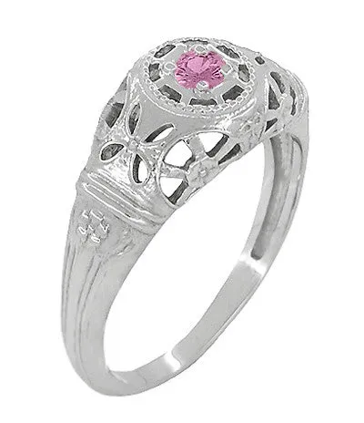 Antique Jewelry Mall Rings Art Deco Floral Low Dome Filigree Pink Sapphire Ring in 14 Karat White Gold Antique Jewelry Mall Rings Art Deco Floral Low Dome Filigree Pink Sapphire Ring in 14 Karat White Gold