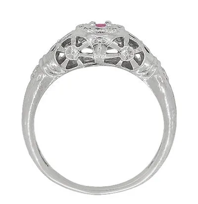 Antique Jewelry Mall Rings Art Deco Floral Low Dome Filigree Pink Sapphire Ring in 14 Karat White Gold Antique Jewelry Mall Rings Art Deco Floral Low Dome Filigree Pink Sapphire Ring in 14 Karat White Gold
