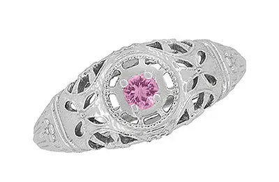 Antique Jewelry Mall Rings Art Deco Floral Low Dome Filigree Pink Sapphire Ring in 14 Karat White Gold Antique Jewelry Mall Rings Art Deco Floral Low Dome Filigree Pink Sapphire Ring in 14 Karat White Gold