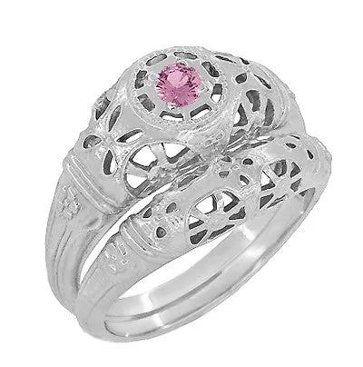 Antique Jewelry Mall Rings Art Deco Floral Low Dome Filigree Pink Sapphire Ring in 14 Karat White Gold Antique Jewelry Mall Rings Art Deco Floral Low Dome Filigree Pink Sapphire Ring in 14 Karat White Gold