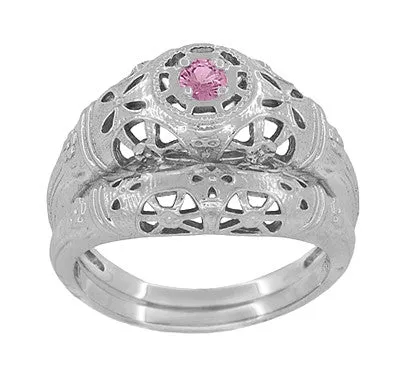 Antique Jewelry Mall Rings Art Deco Floral Low Dome Filigree Pink Sapphire Ring in 14 Karat White Gold Antique Jewelry Mall Rings Art Deco Floral Low Dome Filigree Pink Sapphire Ring in 14 Karat White Gold