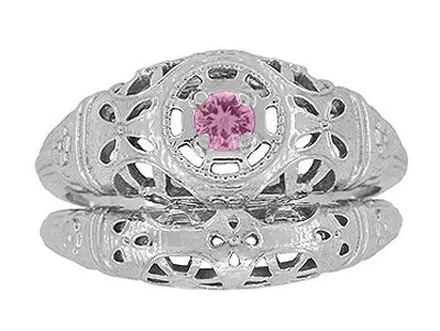 Antique Jewelry Mall Rings Art Deco Floral Low Dome Filigree Pink Sapphire Ring in 14 Karat White Gold Antique Jewelry Mall Rings Art Deco Floral Low Dome Filigree Pink Sapphire Ring in 14 Karat White Gold