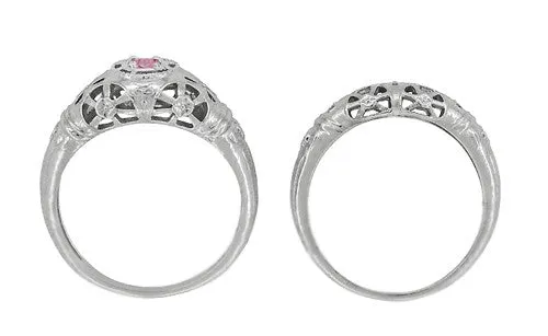 Antique Jewelry Mall Rings Art Deco Floral Low Dome Filigree Pink Sapphire Ring in 14 Karat White Gold Antique Jewelry Mall Rings Art Deco Floral Low Dome Filigree Pink Sapphire Ring in 14 Karat White Gold
