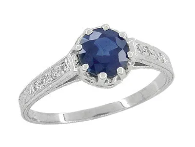 Antique Jewelry Mall Rings Art Deco Royal Crown 1 Carat Blue Sapphire Engraved Platinum Engagement Ring with Side Diamonds Antique Jewelry Mall Rings Art Deco Royal Crown 1 Carat Blue Sapphire Engraved Platinum Engagement Ring with Side Diamonds