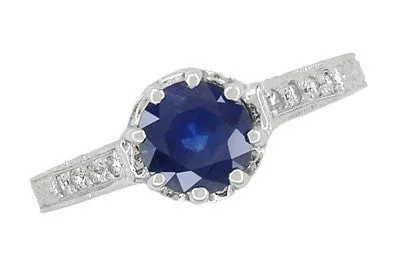 Antique Jewelry Mall Rings Art Deco Royal Crown 1 Carat Blue Sapphire Engraved Platinum Engagement Ring with Side Diamonds Antique Jewelry Mall Rings Art Deco Royal Crown 1 Carat Blue Sapphire Engraved Platinum Engagement Ring with Side Diamonds