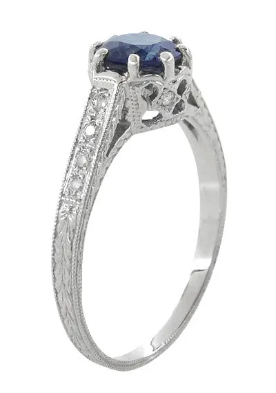 Antique Jewelry Mall Rings Art Deco Royal Crown 1 Carat Blue Sapphire Engraved Platinum Engagement Ring with Side Diamonds Antique Jewelry Mall Rings Art Deco Royal Crown 1 Carat Blue Sapphire Engraved Platinum Engagement Ring with Side Diamonds
