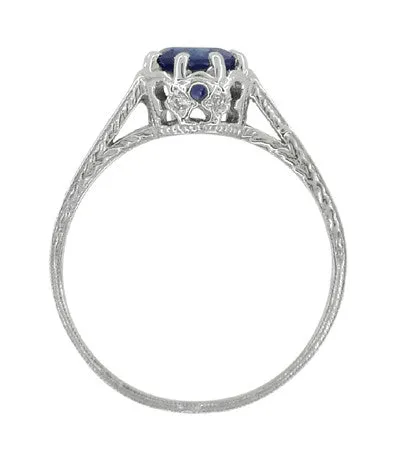 Antique Jewelry Mall Rings Art Deco Royal Crown 1 Carat Blue Sapphire Engraved Platinum Engagement Ring with Side Diamonds Antique Jewelry Mall Rings Art Deco Royal Crown 1 Carat Blue Sapphire Engraved Platinum Engagement Ring with Side Diamonds