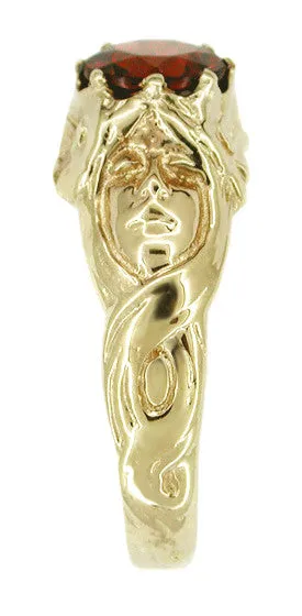 Antique Jewelry Mall Rings Crowned Maidens Art Nouveau Garnet Ring in 14 Karat Yellow Gold Antique Jewelry Mall Rings Crowned Maidens Art Nouveau Garnet Ring in 14 Karat Yellow Gold