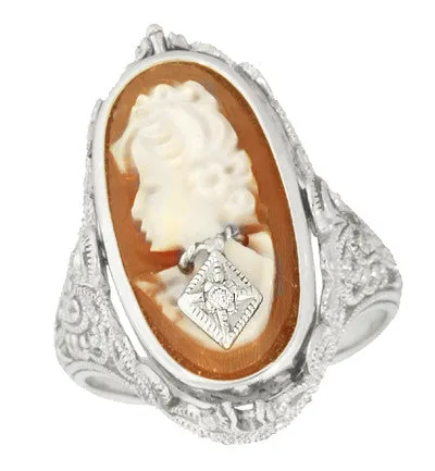 Antique Jewelry Mall Rings Edwardian Filigree Flip Ring with Carnelian Shell Cameo Black Onyx and Diamonds in 14 Karat White Gold Antique Jewelry Mall Rings Edwardian Filigree Flip Ring with Carnelian Shell Cameo Black Onyx and Diamonds in 14 Karat White Gold