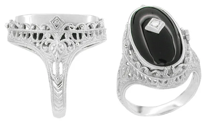 Antique Jewelry Mall Rings Edwardian Filigree Flip Ring with Carnelian Shell Cameo Black Onyx and Diamonds in 14 Karat White Gold Antique Jewelry Mall Rings Edwardian Filigree Flip Ring with Carnelian Shell Cameo Black Onyx and Diamonds in 14 Karat White Gold