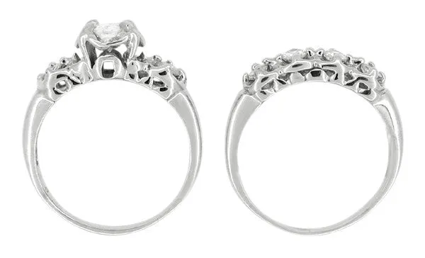 Antique Jewelry Mall Rings Mid Century Diamond Antique Wedding Ring Set in 14 Karat White Gold