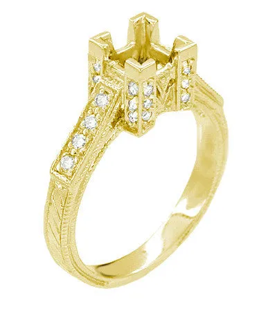 Art Deco 1 to 130 Carat Princess Cut Diamond 18 Karat Yellow Gold Castle Engagement Ring Setting Antique Jewelry Mall Rings Art Deco 1 to 130 Carat Princess Cut Diamond 18 Karat Yellow Gold Castle Engagement Ring Setting Antique Jewelry Mall Rings