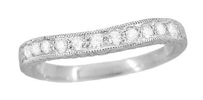 Art Deco Curved Engraved Wheat White Sapphire Wedding Band in 14 Karat White Gold Antique Jewelry Mall Rings Art Deco Curved Engraved Wheat White Sapphire Wedding Band in 14 Karat White Gold Antique Jewelry Mall Rings