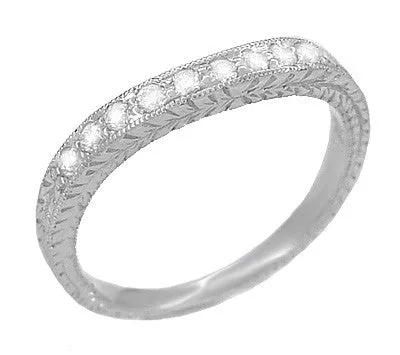 Art Deco Curved Engraved Wheat White Sapphire Wedding Band in 14 Karat White Gold Antique Jewelry Mall Rings Art Deco Curved Engraved Wheat White Sapphire Wedding Band in 14 Karat White Gold Antique Jewelry Mall Rings