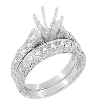 Art Deco Engraved Scrolls 150 Carat Round Diamond Engagement Ring Setting and Matching Wedding Ring in White Gold Antique Jewelry Mall Rings Art Deco Engraved Scrolls 150 Carat Round Diamond Engagement Ring Setting and Matching Wedding Ring in White Gold Antique Jewelry Mall Rings